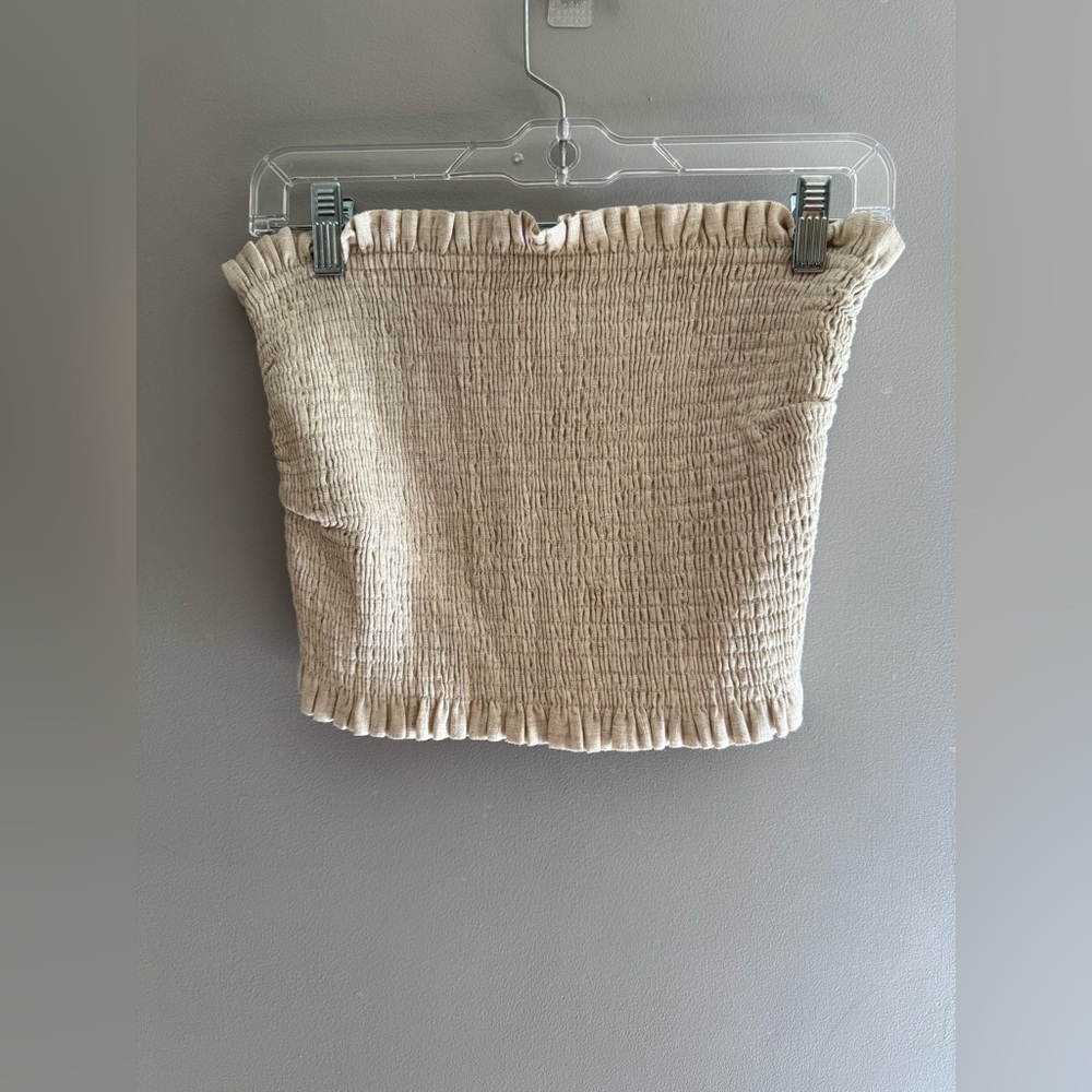 House of Harlow 1960 Smocked Elastic Textured Crop Top Women SZ S Beige New Boho